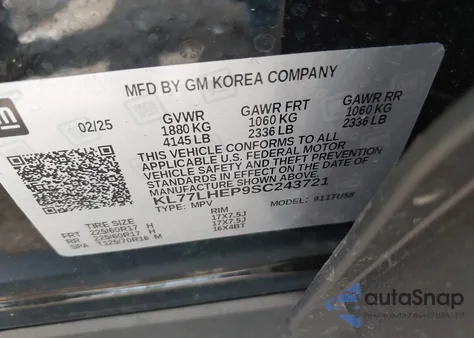 2025 Chevrolet Trax 1Lt z USA, uszkodzony, nr VIN KL77LHEP9SC243721